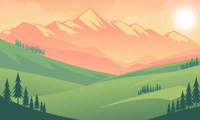 Landscape with mountains, trees and sunseT illustration. Eps 10