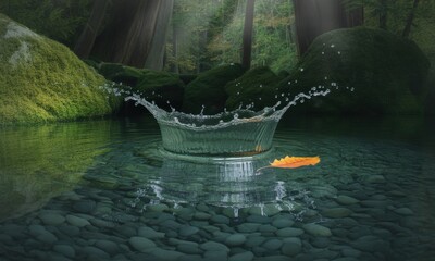 Clear Glass Bowl with Water Splash in Forest Stream Surrounded by Green Moss and Trees