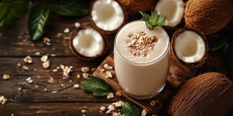 Delicious coconut smoothie served with fresh mint and oats on a rustic wooden table with coconut halves
