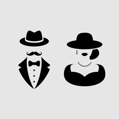 Cavalier vector silhouettes of a refined man and woman. Suitable for invitations, posters, and classic design elements in various projects.