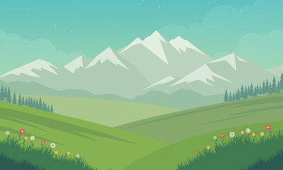 Landscape with mountains and meadow. Vector illustration in flat style