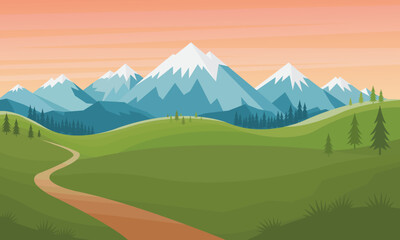 Beautiful landscape with mountains and forest in flat style. Vector illustration.