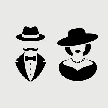 Cavalier vector silhouettes of a refined man and woman. Suitable for invitations, posters, and classic design elements in various projects.