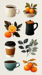 Variety of coffee cups and oranges arranged artistically on a light background showcasing a cozy beverage theme in a warm setting