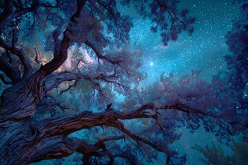 Tree branch reaching upward towards stars at night