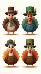 Cute cartoon turkeys dressed for a festive celebration during autumn festivities