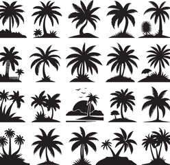 Palm tree silhouettes on a tropical summer landscape with beach and nature elements