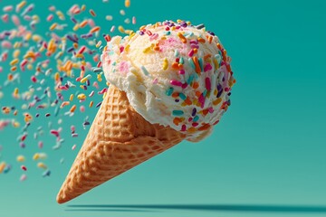 Ice cream cone with colorful sprinkles on teal background