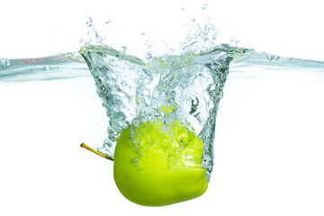 Fresh Green Apple Splashing into Clear Water with Dynamic Droplets