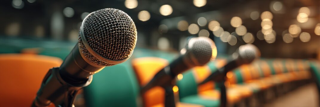 Audience ready for an engaging presentation with microphones set up in a well-lit auditorium