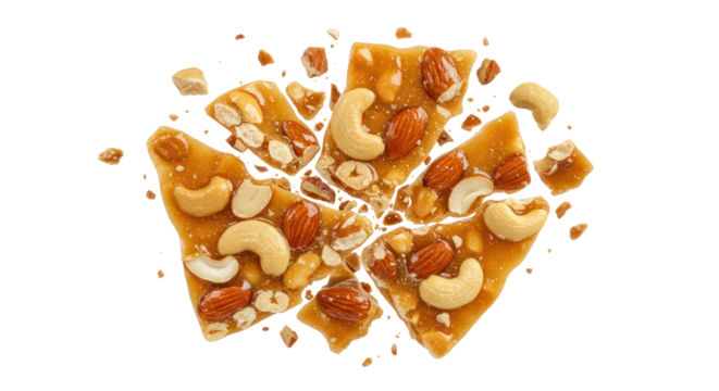 Close Up View Of Broken Pieces Of Peanut Brittle With Mixed Nuts Isolated On Transparent Background