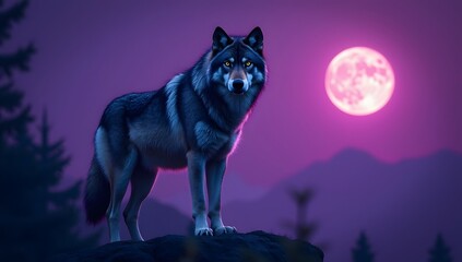 A standing wolf with moon in night