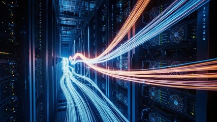 Dynamic Data Flow Through a High-Tech Server Room with Vibrant Light Trails Representing Information Transfer and Connectivity in a Digital Environment. - Powered by Adobe