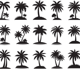 Palm tree silhouettes on a tropical summer landscape with beach and nature elements