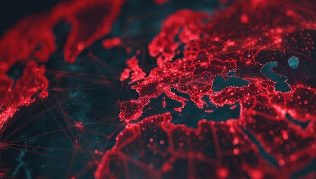 Abstract glowing red network over a world map, with focus on Europe, connected by fine lines against a dark blue background, suggesting communication or global connections