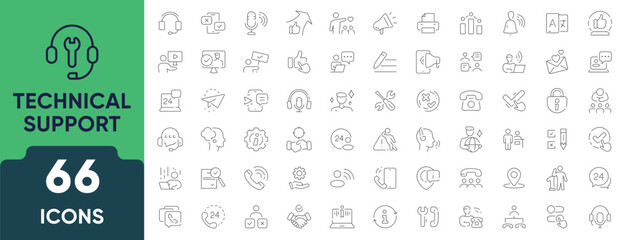 Technical Support Line Icon Set. Features 66 outline icons for IT help, customer service, troubleshooting, tools, support systems, and communication. Editable stroke.