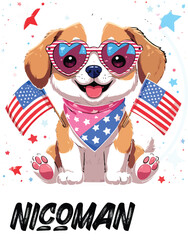 Kawaii Patriotic Puppy with Heart Sunglasses and American Flags – Cute Sticker-Style Illustration 