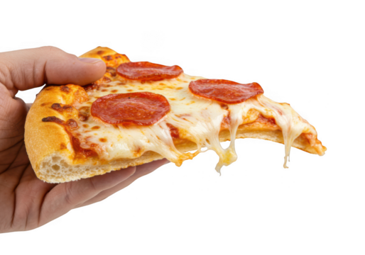 Hand holding a delicious pepperoni pizza slice isolated on transparent background