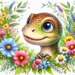 Cute Cartoon Dinosaur with Scaly Skin Surrounded by Colorful Flowers and Green Foliage