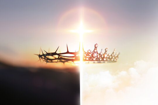 The reversal of the crown of thorns and the crown symbolizing the suffering and trials of Jesus Christ on the cross, Holy Week, Easter and heavenly background
