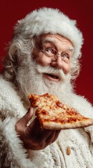 Santa Claus happily holding a slice of pizza against a bright red backdrop during the festive season