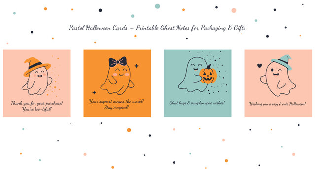 Set of 4 cute pastel Halloween ghost cards – perfect for packaging, thank you notes, tags, and gift inserts. Print-ready, fun, and kid-friendly fall season design.