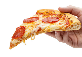 Hand holding a slice of pepperoni pizza isolated on transparent background