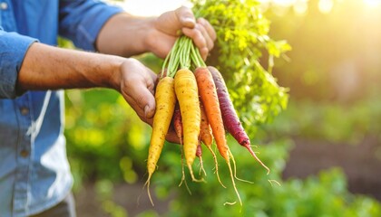 A handful of vibrant rainbow carrots—in shades of deep purple, orange, yellow, and white—rests in dirt-smeared male hands, freshly pulled from the garden soil. 
