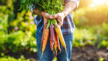 A handful of vibrant rainbow carrots—in shades of deep purple, orange, yellow, and white—rests in dirt-smeared male hands, freshly pulled from the garden soil. 