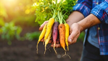 A handful of vibrant rainbow carrots—in shades of deep purple, orange, yellow, and white—rests in dirt-smeared male hands, freshly pulled from the garden soil. 