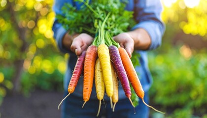 A handful of vibrant rainbow carrots—in shades of deep purple, orange, yellow, and white—rests in dirt-smeared male hands, freshly pulled from the garden soil. 