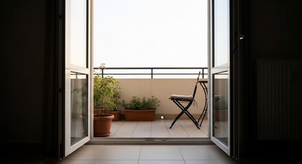 Inviting outdoor space: An open balcony door leads to tranquility and relaxation