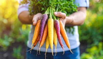 A handful of vibrant rainbow carrots—in shades of deep purple, orange, yellow, and white—rests in dirt-smeared male hands, freshly pulled from the garden soil. 