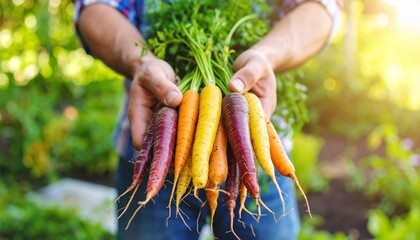 A handful of vibrant rainbow carrots—in shades of deep purple, orange, yellow, and white—rests in dirt-smeared male hands, freshly pulled from the garden soil. 