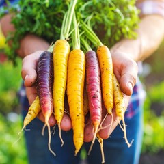 A handful of vibrant rainbow carrots—in shades of deep purple, orange, yellow, and white—rests in dirt-smeared male hands, freshly pulled from the garden soil. 