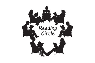 Silhouette illustration of a reading circle with people sitting in chairs reading books forming a circle promoting literacy education and community engagement in a book