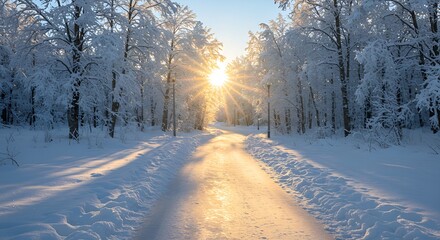 Winter Wonderland Road: Sunlit Path Through a Snowy Forest of Pine Trees
 * Frosty Morning Glow: Icy Road Leading Through a Serene Winter Landscape with Sunburst
 * Enchanted Winter Forest: Snowy Path