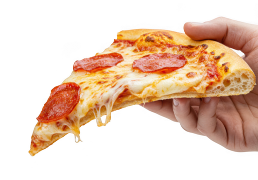 Hand holding a slice of pepperoni pizza isolated on transparent background - Powered by Adobe