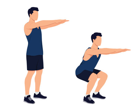 How to make a squat. Workout time muscular  man doing squat exercises. Muscular man showing a squat exercise, side view, step by step.  Vector illustration.