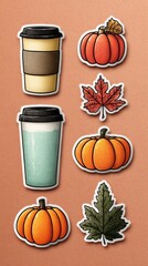Colorful autumn-themed stickers featuring pumpkins, leaves, and coffee cups for creative projects and seasonal decorations