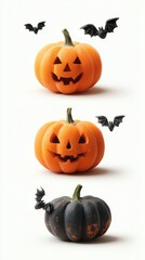 Creative Halloween pumpkin display featuring carved designs and toy bats in a festive arrangement