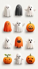 Fun and colorful Halloween characters featuring cute ghosts and pumpkins in various expressions