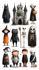 Whimsical characters visit a spooky castle during Halloween festivities at dusk