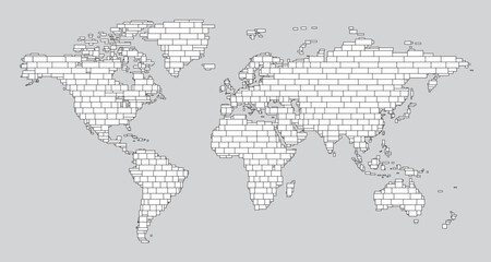 Fototapeta premium brick mosaic world map design, symbolizing global connections and construction
