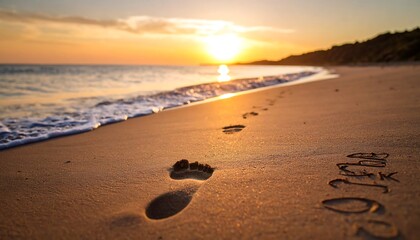 Sunset beach scene with footprints in the sand, leading towards the ocean