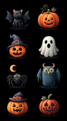 Collection of Halloween characters including pumpkins, ghosts, and bats featuring a spooky atmosphere for festive celebration