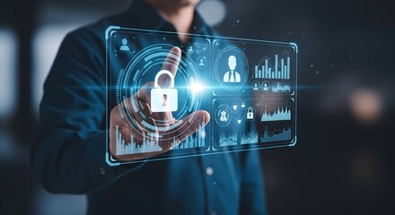 Futuristic digital security interface with glowing padlock icon