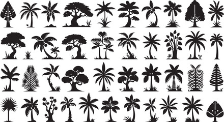 Palm tree silhouettes on a tropical summer landscape with beach and nature elements