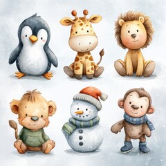 Cute cartoon animals in winter attire enjoying the snowy season together