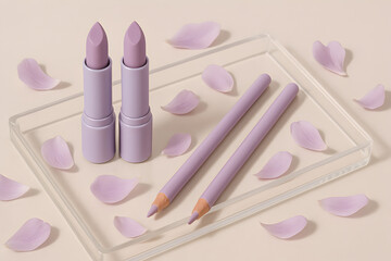 Two purple lipsticks and two pencils are arranged with scattered lavender petals on a clear tray and beige background.